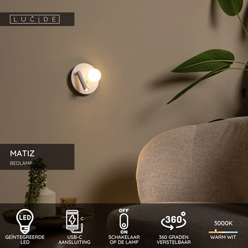 Lucide MATIZ - Bedlamp / Wandlamp - Ø 16,5 cm - LED - 3000K - Met USB oplaadpunt - Wit - USP